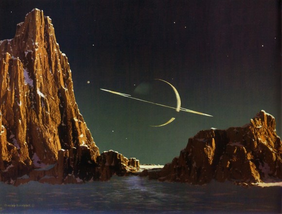 Representación artística de Saturno visto desde Titán (del genio Bonestell)