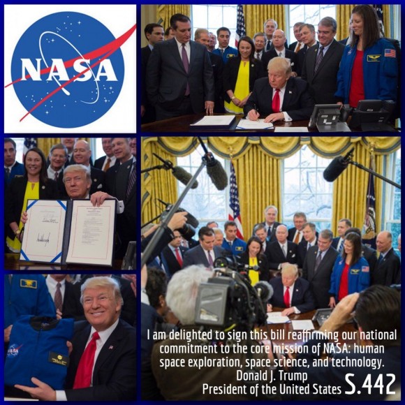 Donald Trump firmando el acta S442 con los presupuestos para NASA en 2017 | imagen NASA