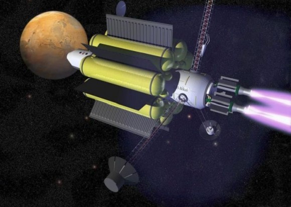 Recreación artística de un cohete con propulsión de plasma rumbo a Marte | imagen Ad Astra/NASA